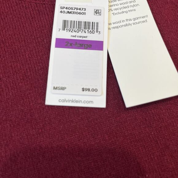 $98 Men Calvin Klein CK Logo Wool Crewneck Classic Holiday Knit Sweater XXL Wine - Picture 3 of 6